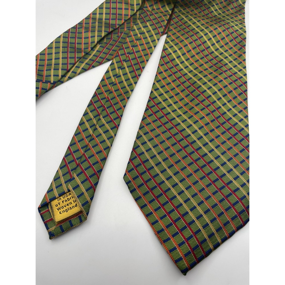 Hickey Freeman Mens Silk Tie Green Blue Red Geometric Grid Woven in England USA